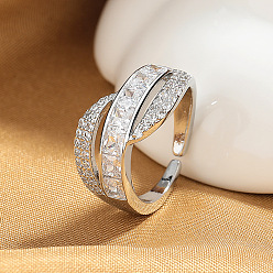 Серебро Открытые кольца манжеты из латуни с микропаве и кубическим цирконием, твист, серебряные, 15~20 мм