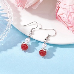 Красный Агат Круглые серьги-подвески из натурального сердолика, с бусинами из АБС-пластика, имитирующими жемчуг, и колпачками для бусин в тибетском стиле, и 304 крючками для сережек из нержавеющей стали, старинное серебро и платина, 36.5x10 мм