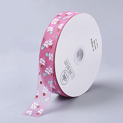 Hot Pink Flower Pattern Printed Polyester Organza Ribbons, Hot Pink, 1 inch(25mm), about 100yards/roll
