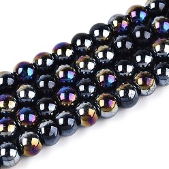 Черный Гальванические непрозрачные стеклянные бусины, круглые, с покрытием AB цвета, чёрные, 6~6.5 мм, отверстие : 0.9 мм, около 67~70 шт / нитка, 14.57~15.16 дюйм (37~37.5 см)