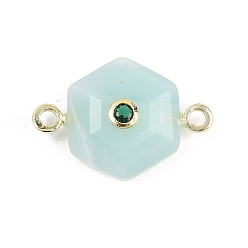 Амазонит Ограненные натуральные амазонитовые резные звенья, шестиугольник с латунной микропаве, прозрачными кубическими циркониями и латунной фурнитурой., золотые, стойки покрытие, 17x27x8 мм, отверстие : 2 мм
