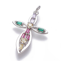 Платина Латуни циркония кубической подвески, крестик, красочный, платина, 30x20x3 мм, отверстие : 3 мм