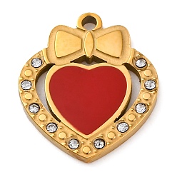 Красный 304 нержавеющей стальной эмали подвески, со стразами, сердце с шармом бантом, золотые, ионное покрытие (ip), красные, 17x15x2 мм, отверстие : 1.5 мм