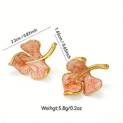 Light Salmon 304 Stainless Steel Enamel Stud Earrings, Leaf, Golden, Light Salmon, 16.5x22mm