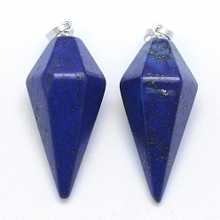 Lapis Lazuli Natural Lapis Lazuli Pointed Pendants, with Brass Findings, Bullet, Dyed, Platinum, 38.5x16x14.5mm, Hole: 5x8mm