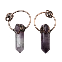 Аметист Большие подвески с острыми пулями и натуральным аметистом, с латунным кольцом, Красная медь, 52.5~55x27~29x14~15.5 мм, отверстие : 6 мм