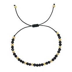 Черный Браслеты из плетеных бусин из круглых стеклянных и латунных бусин, регулируемые плетеные браслеты из волоконного шнура для женщин, золотые, чёрные