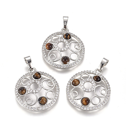 Tiger Eye Natural Tiger Eye Pendants, with Platinum Tone Brass Findings and Crystal Rhinestone, Flat Round, 29x25.5x4.5mm, Hole: 4.5x8mm