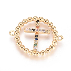 Golden Brass Micro Pave Cubic Zirconia Links connectors, Long-Lasting Plated, Flat Round with Cross, Colorful, Golden, 25x21x2mm, Hole: 1.2mm