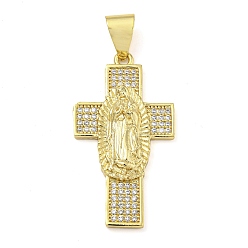 Настоящее золото 18K Покрытие стойки латунь микропаве прозрачные подвески из кубического циркония, без свинца и без кадмия, долговечный, крест с оберегами святой Богородицы, реальный 18 k позолоченный, 38x21x4.2 мм, отверстие : 6x3.5 мм