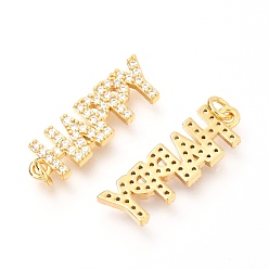 Настоящее золото 18K Латунные микропаве прозрачные подвески с фианитом, с прыжковых колец, слово счастливое, реальный 18 k позолоченный, 21x6.9x2 мм, отверстие : 2.4 мм