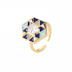 Light Blue Brass Micro Pave Clear Cubic Zirconia Cuff Rings, Open Rings, with Enamel, Cadmium Free & Nickel Free & Lead Free, Hexagon, Golden, US Size 6, Inner Diameter: 17mm