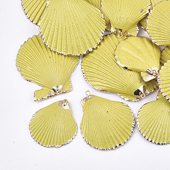 Champagne Yellow Spray Paint & Electroplate Sea Shell Pendants, with Iron Findings, Light Gold, Champagne Yellow, 34~56x29~48x3~10mm, Hole: 2mm