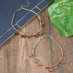 Платина Браслеты на лодыжку в богемном стиле с натуральным тигровым глазом и кисточками из красного полосатого агата, выполненные из рафии и украшенные кисточками., платина, 9-1/2 дюйм (240 мм), 2 шт / комплект
