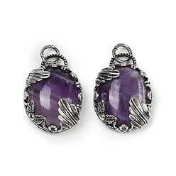 Аметист Подвески из натурального аметиста , овальные подвески с латунной оправой, античное серебро, 30.5~31x21~21.5x8~8.5 мм, отверстие : 5.5 мм