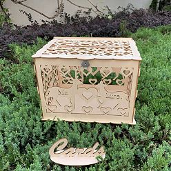 Papaya Látigo Caja rectangular para tarjetas de boda de madera hueca con cerradura de hierro, Estuche para tarjetas de boda para recepción., Hucha de boda para decoración de fiestas., PapayaWhip, 22x31x23.5 cm