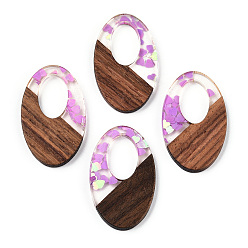 Violet Transparent Resin & Walnut Wood Pendants, Oval Charms with Heart Paillettes, Violet, 35.5x22x3.5mm, Hole: 16x10mm