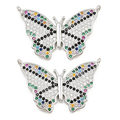 Colorful Brass Micro Pave Cubic Zirconia Pendants, Butterfly Charms, Long-Lasting Plated, Lead Free & Cadmium Free, Rack Plating, Platinum, Colorful, 19.5x29.5x3.5mm, Hole: 1.2mm