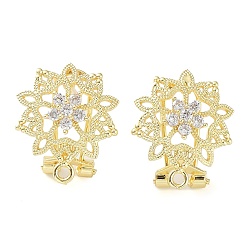 Plaqué 18K Or Véritable Boucles d'oreilles en laiton, fleur creuse, micro pavé, zircone cubique, recherche, avec boucles horizontales, sans cadmium et sans plomb, réel 18 k plaqué or, 18x15mm, Trou: 1.2mm, pin: 0.8 mm