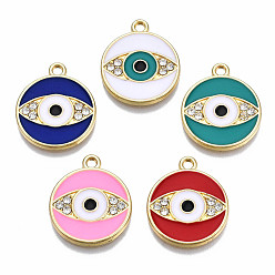 (52) Непрозрачная лаванда Стойки обшивки сплава эмали подвески, с кристально горный хрусталь, золотой свет, без кадмия, без никеля и без свинца, плоский круглый с оберегами от сглаза, разноцветные, 18x15x1.5 мм, отверстие : 1.6 мм