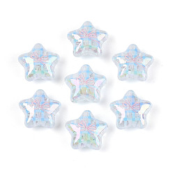 Светло-Голубой Прозрачные акриловые бусины с УФ-покрытием, радужный, звезда с бантом и клеткой, Небесно-голубой, 19x20.5x9.5 мм, отверстие : 1.8 мм