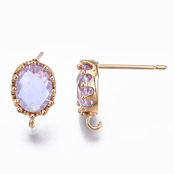 Pearl Pink Brass Stud Earring Findings, with Glass and Loop, Long-Lasting Plated, Oval, Light Gold, Pearl Pink, 11.5x7.5mm, Hole: 1mm, Pin: 0.7mm