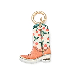 Coral Spray Painted Brass Pendants, Cowboy Boot with Cherry Charms, Golden, Coral, 15.5x13x2mm, Hole: 3.8mm