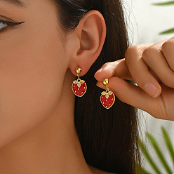 Клубника Стильные латунные серьги-гвоздики, золотые, клубника, 27x15 мм