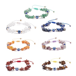Mixed Stone 7Pcs 7 Style Natural Mixed Stone Chips & Resin Evil Eye Braided Bead Bracelets Set, Gemstone Adjustable Bracelets for Women, Inner Diameter: 2~3-1/2 inch(5~9cm), 1Pc/style