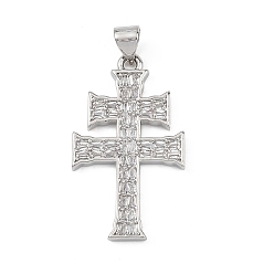 Платина Религиозные латунные подвески с микропаве из прозрачного кубического циркония, двойной крест прелести, платина, 30.5x17.5x2 мм, отверстие : 3.5x2.5 мм