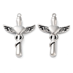 Antique Silver 304 Stainless Steel Pendants, Cross with Heart Wing Charm, Antique Silver, 40x29x6.2mm, Hole: 2.2mm