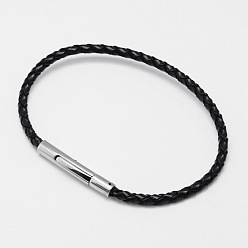 Black Braided Leather Cord Bracelet Making, with 304 Stainless Steel Bayonet Clasps, Black, 205x3.5mm