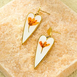 Настоящее золото 18K Висячие серьги-гвоздики из нержавеющей стали в форме сердца с цветочным узором, реальный 18 k позолоченный, 49x16 мм