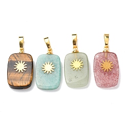 Смешанные камни Природные каменные смешанные подвески, с латунной фурнитурой и 304 кабошонами из нержавеющей стали, золотые, Прямоугольные подвески с узором в виде солнца, 23~23.5x13~13.5x3.5~4.5 мм, отверстие : 7.5x4 мм