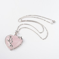 Розовый Кварц Латунь природный розовый кварц кулон ожерелье, колье из латуни платинового оттенка, 18 дюйм (45.7 см)