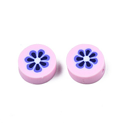 Pink Handmade Polymer Clay Beads, Flat Round with Flower, Pink, 9~10x4~4.5mm, Hole: 1.2~1.8mm