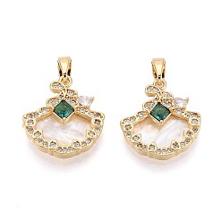 Настоящее золото 18K Натуральный белый оболочки подвески, Подвески в виде листьев из прозрачного и зеленого кубического циркония, инкрустированные латунью., реальный 18 k позолоченный, 17x16x4 мм, отверстие : 4.5x2.5 мм