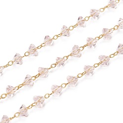 чертополох Ручной цепи стекло бисером, с фурнитурой латунной золотого тона, пайки, долговечный, треугольные, граненые, чертополох, 3.5~4x4~4.5x3 мм, около 32.8 футов (10 м) / рулон