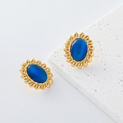 Golden 304 Stainless Steel & Resin Stud Earrings for Women, Oval, Golden, 19x22mm