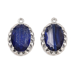 Medium Blue Brass Glass Pendants, Oval Charms, Faceted, with Glitter Powder, Platinum, Medium Blue, 20x14x5.5mm, Hole: 1.4mm
