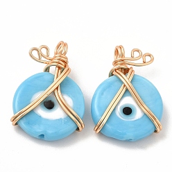 Light Sky Blue Wire Wrapped Handmade Lampwork Pendants, with Copper Findings, Real 18K Gold Plated, Long-Lasting Plated, Flat Round with Evil Eye, Light Sky Blue, 25x18x7mm, Hole: 2.9mm