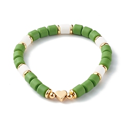 Olive Drab Handmade Polymer Clay Beads Stretch Bracelets, with Brass Beads, Heart, Olive Drab, Inner Diameter: 2~2-1/8 inch(5.2~5.3cm)