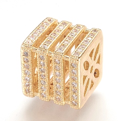 Real 18K Gold Plated Brass Micro Pave Cubic Zirconia Beads, Real 18K Gold Plated, Cube, Golden, 10.5x10.5x10.5mm, Hole: 1mm