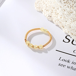 Light Goldenrod Yellow Dyed Natural Jade Round Braided Bead Style Finger Ring, Light Gold Brass Wire Wrap Cuff Ring, Light Goldenrod Yellow, Inner Diameter: 19mm
