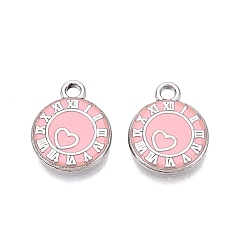 Pink Стойки обшивки сплава эмали подвески, Плоские круглые подвески в форме сердца и римских цифр., платина, розовые, 13.5x11x1.5 мм, отверстие : 1.6 мм