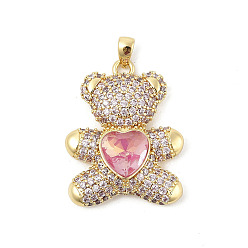 Pink Micro cuivres ouvrent pendentifs zircone cubique, ours, crémaillère plaquage, plaqué longue durée, sans plomb et sans cadmium, rose, 26.5x21x6.5mm, Trou: 3.5x2mm