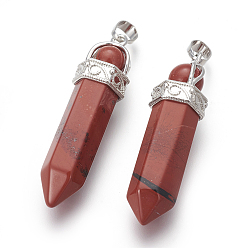 Красный Камень Подвески из натуральной красной яшмы, с латунной фурнитурой платинового цвета, пуля, 49~51x14~15x13 мм, отверстие : 5x8 мм