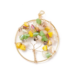 Gold Electroplate Glass Pendants, with Real 18K Gold Plated Tone Eco-Friendly Copper Wire, Ring with Tree, Gold, 47~50x38~39x5~6mm, Hole: 2.5~4.5mm
