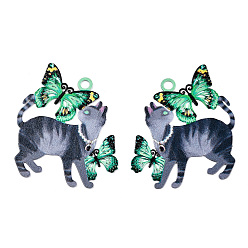 Темно-Серый Филигранные подвески из нержавеющей стали, окрашенные 430 аэрозольной краской, кошка с подвеской в виде бабочки, темно-серый, 39.5x35x0.5 мм, отверстие : 2.8 мм