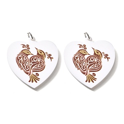 Белый Печатные акриловые подвески, сердце и сорока, с платиновой железной петлей, белые, 39.5x37.5x2 мм, отверстие : 5.5 мм